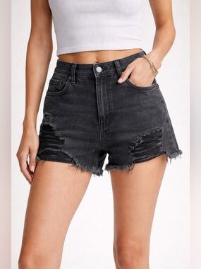 Aerie Black Distressed Denim Shorts Size Small High Rise Frayed